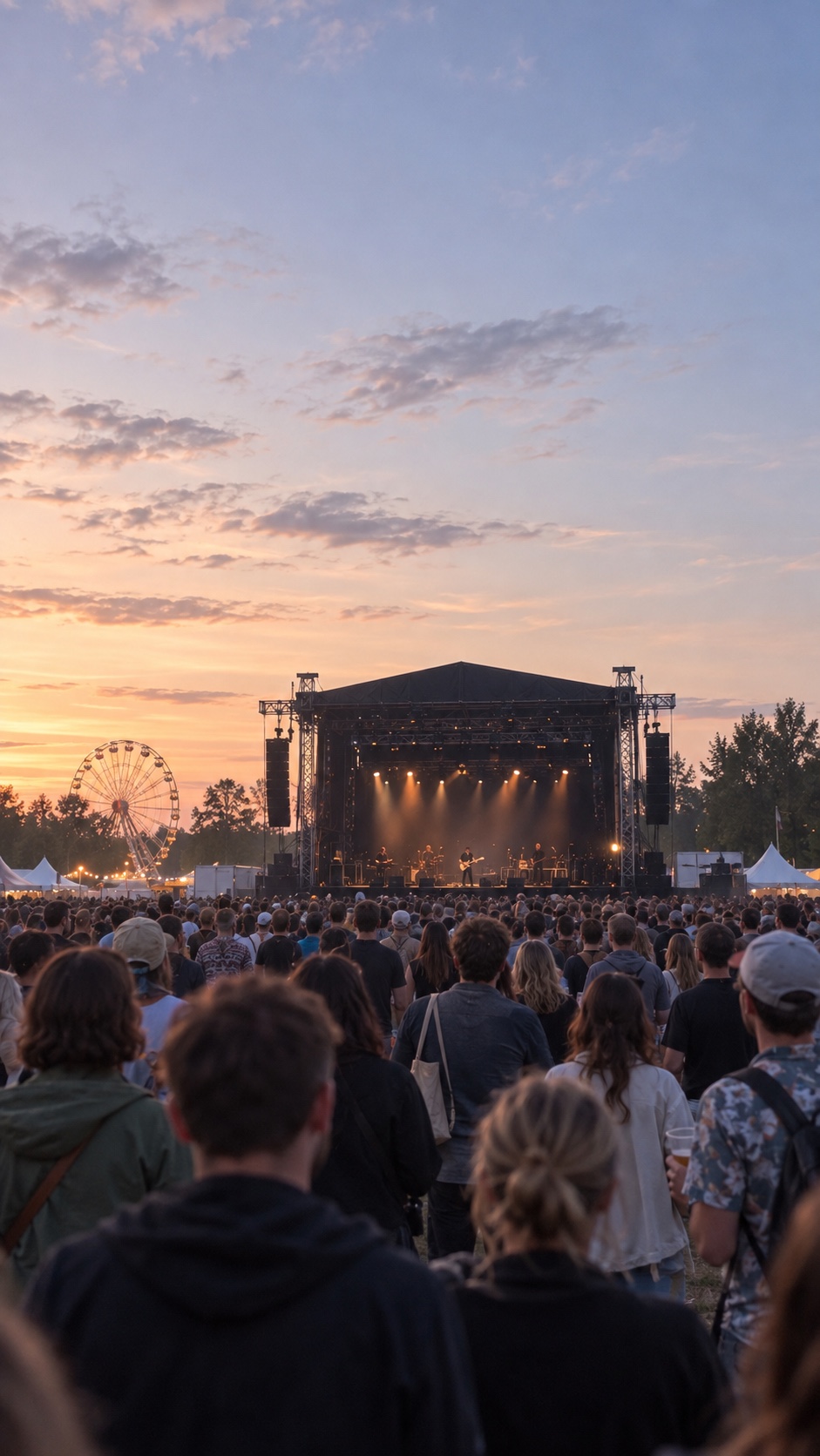 Publikum foran en festivalscene i solnedgangen