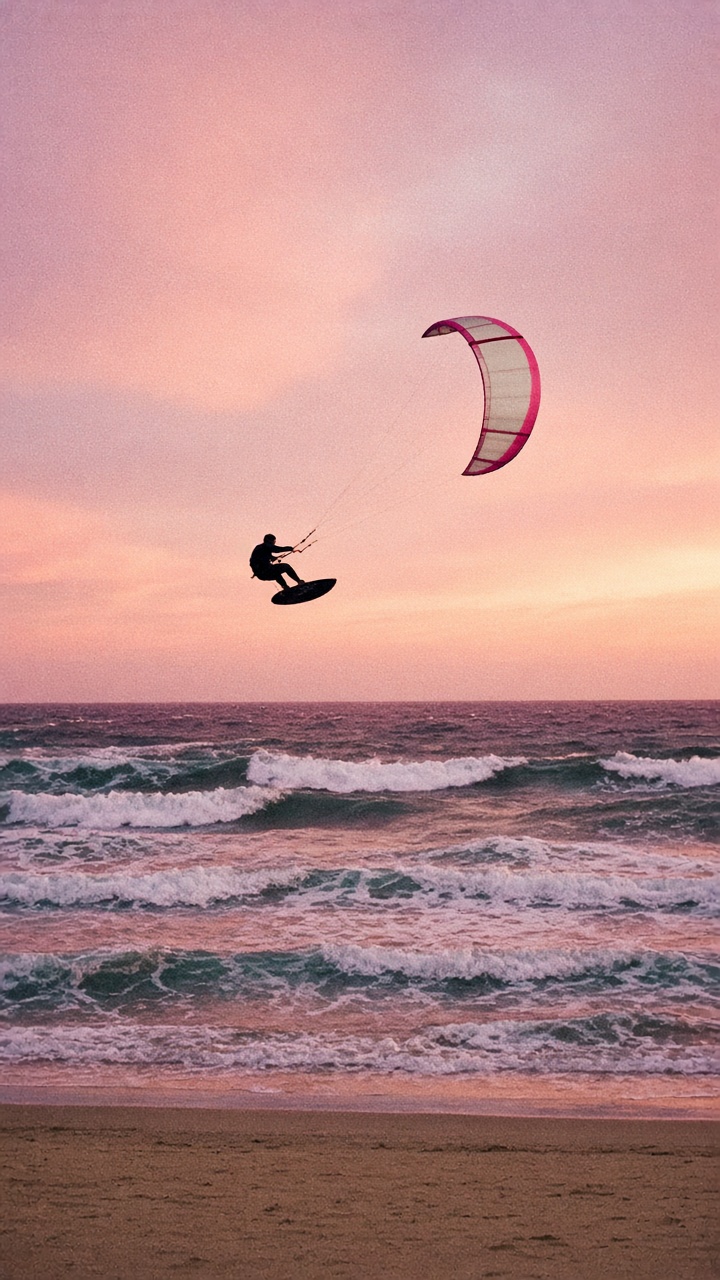Kiter over bølgene i solnedgangen